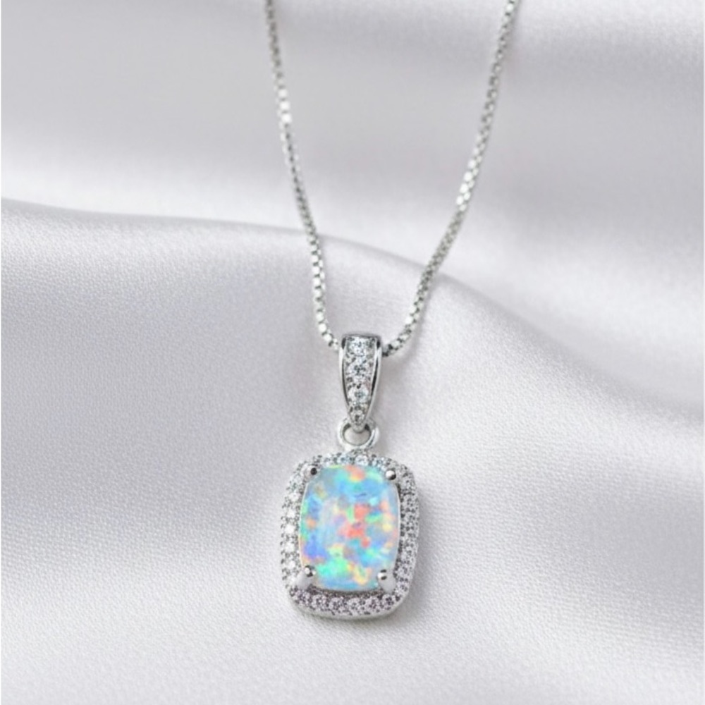 3Ct Cushion Cut Fire Opal Diamond Halo Pendant 18" Necklace 14K sterling silver